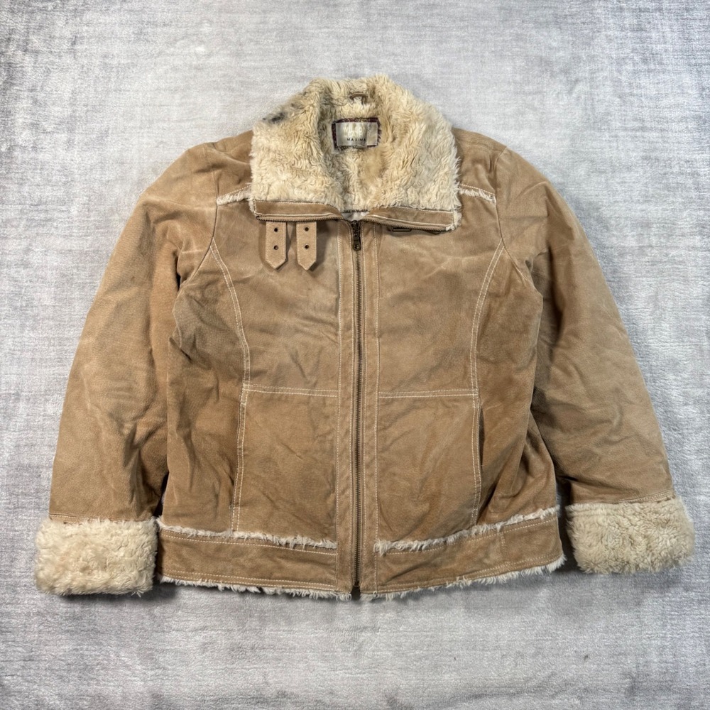 Wilsons Leather Maxima Jacket Womens Large Brown Suede Faux Fur Trim Aviator Y2K